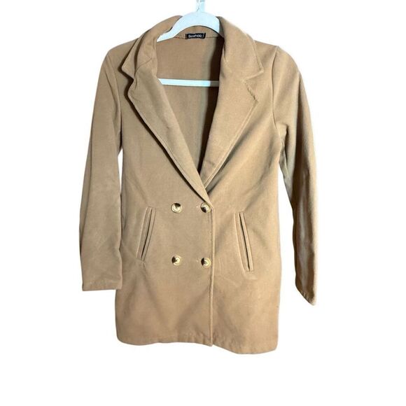 Boohoo Womens Double Breasted Button Wool Look Coat in Camel Sz S - Picture 1 of 9